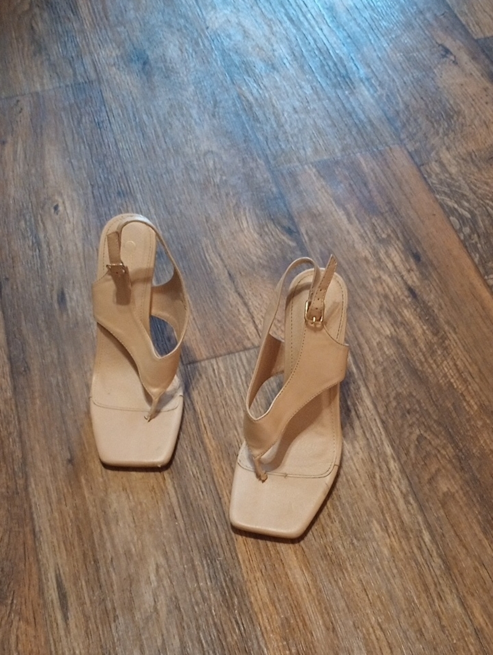 Olivia Jaymes Beige Slingback Thong Heels - Classic Neutral Square Toe Sandals